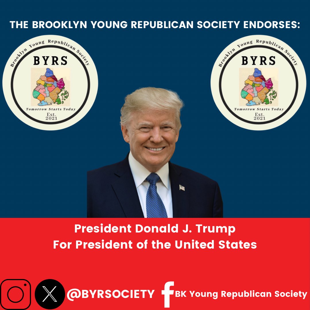 The Brooklyn Young Republican Society is proud to endorse President Trump to be the next President of the United States. President Trump is the clear choice for every Brooklynite and citizens across our country. Brooklyn is now ready to Make America Great Again!! #Trump2024