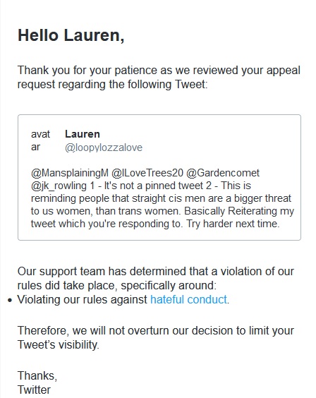 Apparently it's now been reviewed and absolutely IS hate speech!!! Funny that my timeline is FILLED with trans hate, yet one opinion to the contrary and it's suddenly censored. Anybody that believes @elonmusk & @x actually encourage free speech, are morons!