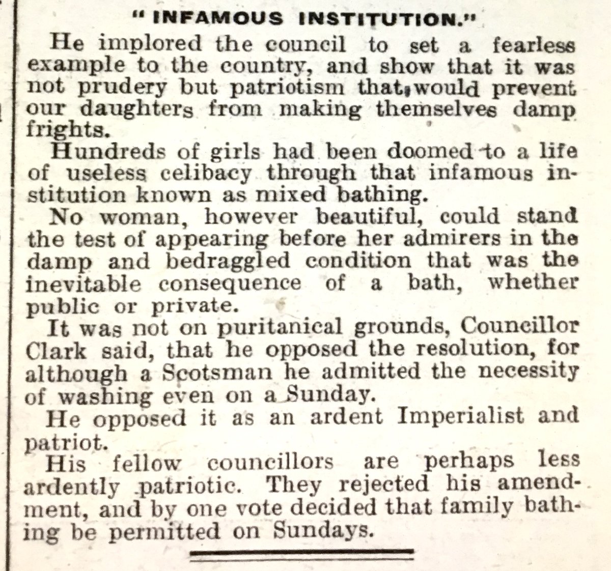 Mixed bathing a threat to our Empire, claims 
Tonbridge town councillor.
Daily Mirror June 4th 1920.
@BNArchive