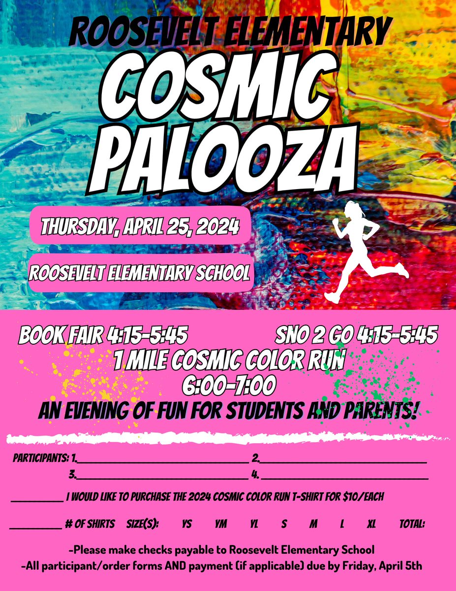 Roosevelt friends and families, come join us for our 3rd annual COSMIC PALOOZA! Looking forward to another awesome turnout! 

*Forms due by Friday, Apr. 5