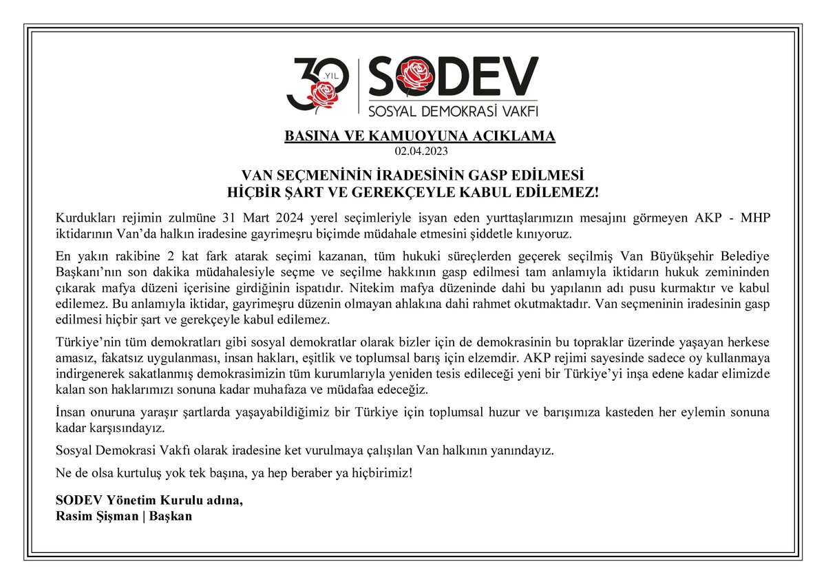 BASINA VE KAMUOYUNA AÇIKLAMA | 02.04.2024 VAN SEÇMENİNİN İRADESİNİN GASP EDİLMESİ HİÇBİR ŞART VE GEREKÇEYLE KABUL EDİLEMEZ!