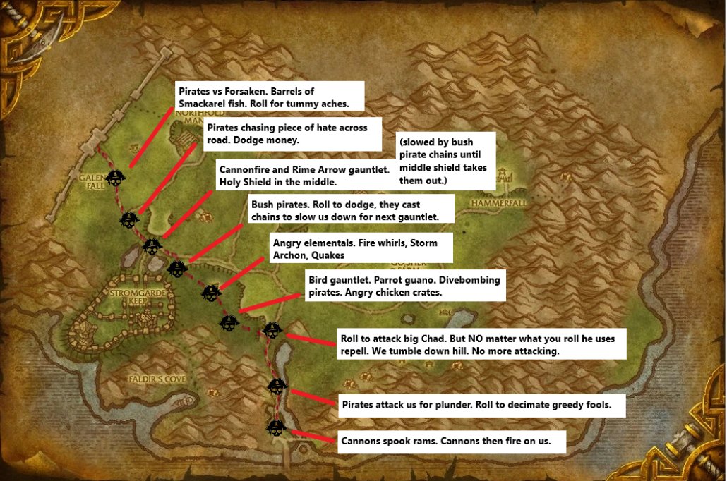 We were going through Arathi today so I knew I had to set up something with Plunderstorm. Who ignores such a golden opportunity for shenanigans? Set up a real pirate guntlet for everyone to have to survive. Dive bombing parrots, level 10 chads with repel, giant coin elementals.