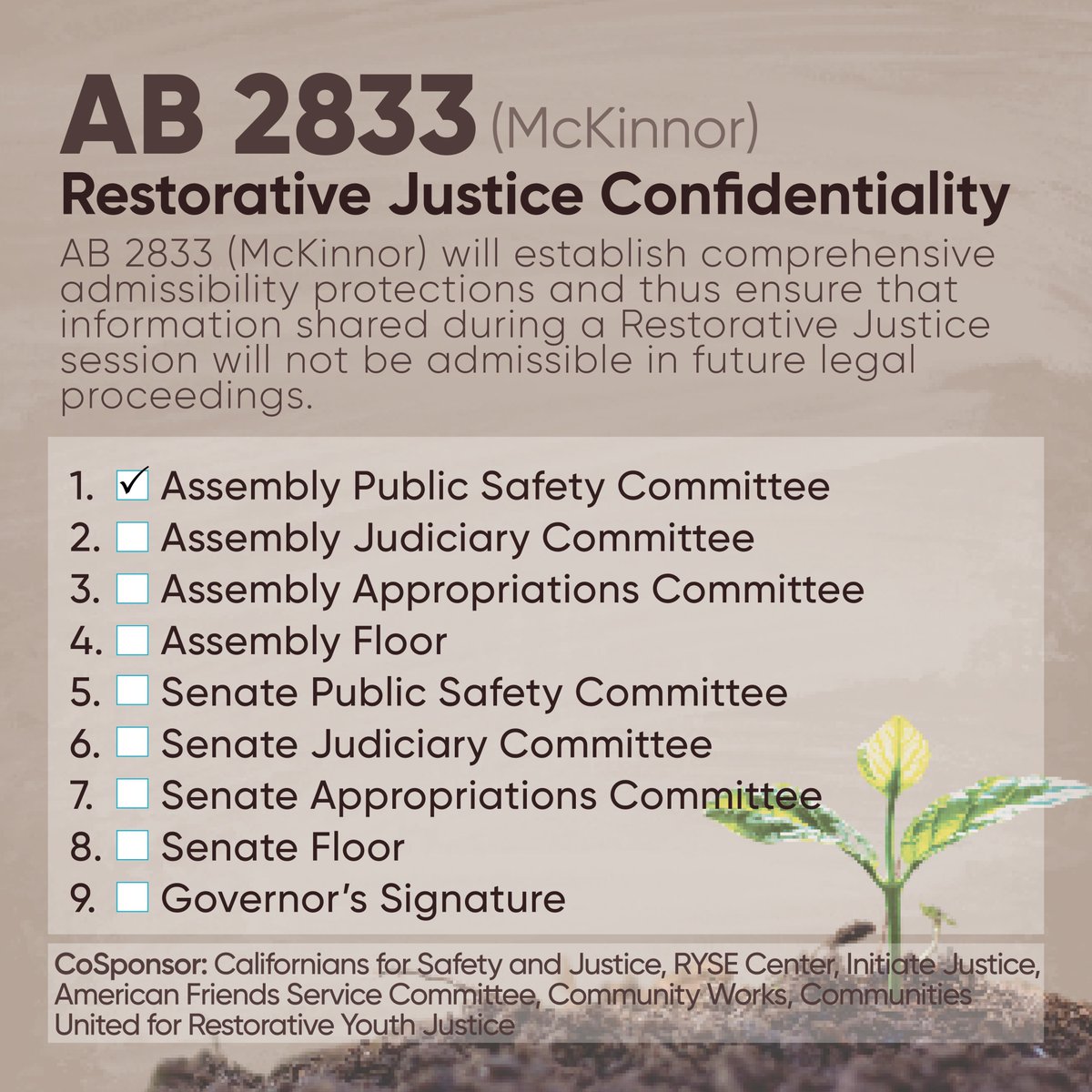 AB 2833, Restorative Justice Confidentiality, (@AsmTinaMcKinnor) passed Assembly Public Safety on consent🎉 Next Step: Judiciary Committee