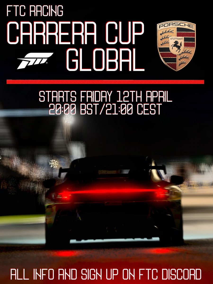 FTC Racing (@ftcracing) on Twitter photo We're back into our regular scheduling, and with that...
Announcing our new weekly series!
<a href="/_IAmSakura_/">Patryk Bienias</a> and <a href="/Heikonyan/">some car weeb idk</a> bring you One iconic franchise, 6 tracks all over the world, tons of fun.
This is the FTC Carrera Cup Global
Head to discord.gg/gcMg5vg to get involved We're back into our regular scheduling, and with that...
Announcing our new weekly series!
<a href="/_IAmSakura_/">Patryk Bienias</a> and <a href="/Heikonyan/">some car weeb idk</a> bring you One iconic franchise, 6 tracks all over the world, tons of fun.
This is the FTC Carrera Cup Global
Head to discord.gg/gcMg5vg to get involved