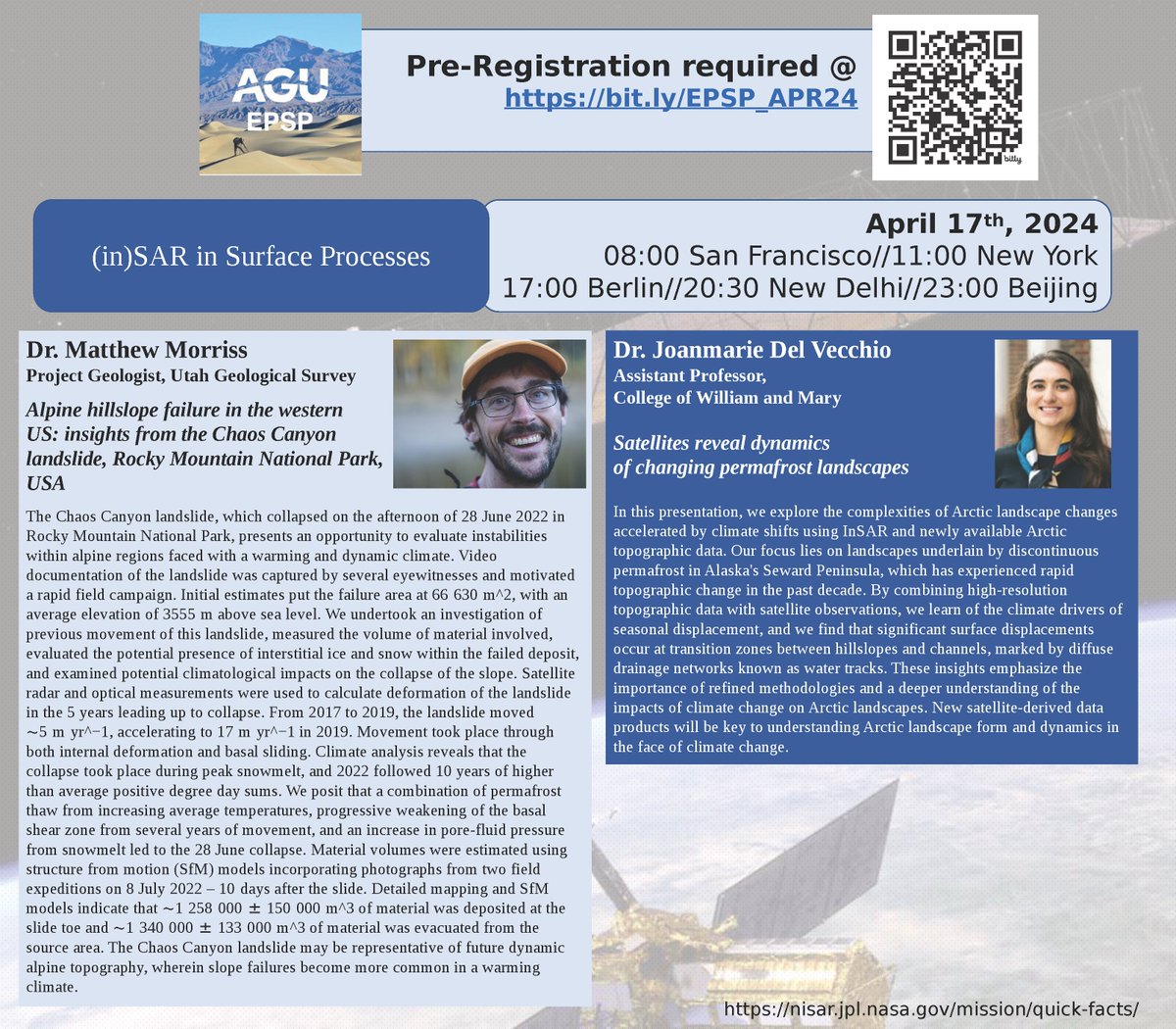 EPSP Connects has an exciting April! Join us on Wednesday, April 17th for two science talks focused on using InSAR to investigate surface processes from Dr. Matthew Morriss @RockIceandSnow and Joanmarie Del Vecchio @itsJoanmarie Register here: psu.zoom.us/meeting/regist…