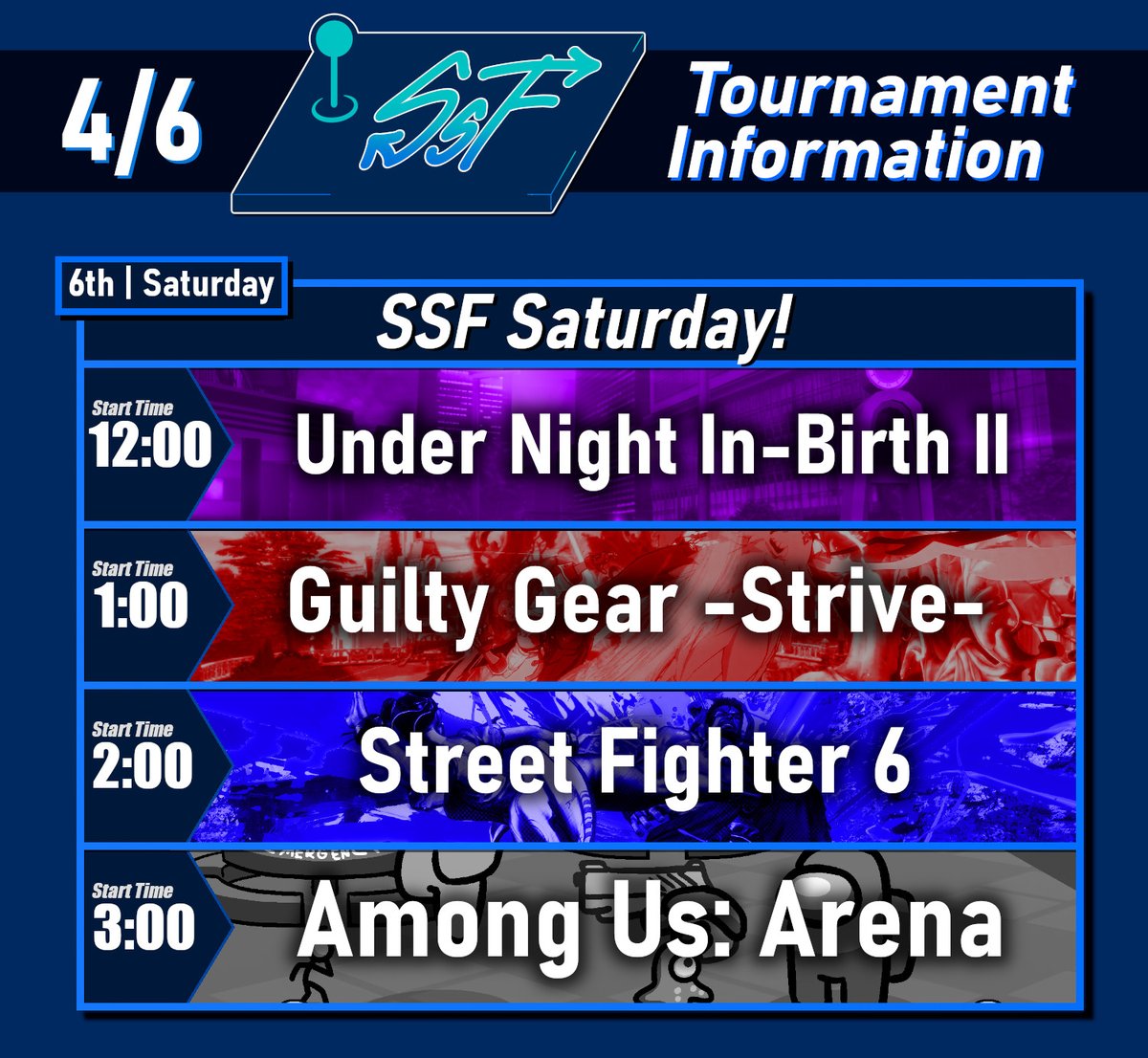 SalemFighters's tweet photo. == Saturday, 4/6/2024 ==

📅 Schedule
- 11:30am | Setup [Venue: $5]
- 12:00pm | #UNI2 [$2]
- 1:00pm | #GGST [$3]
- 2:00pm | #SF6 [$3]
- 3:00pm | #AmongUsArena [$2]
- 6:30pm | Close

Registration | April 6th
▶ https://t.co/YFF8BqGtd8 ◀

(⚠ Pre-Reg REQUIRED | 35 Person Cap ⚠) https://t.co/HYEhYtle85