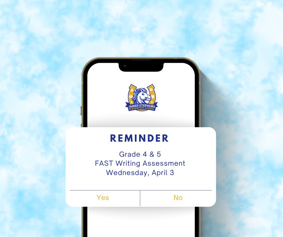 JSEMustangs's tweet image. REMINDER: Grades 4 &amp;amp; 5 will take their B.E.S.T Writing Assessment tomorrow. 📅 We encourage all our Mustangs to get a good night&apos;s rest, have a healthy breakfast, and arrive on time. You got this! 💛🐴💙
#beprepared #jsemustangs #loveleeschools
