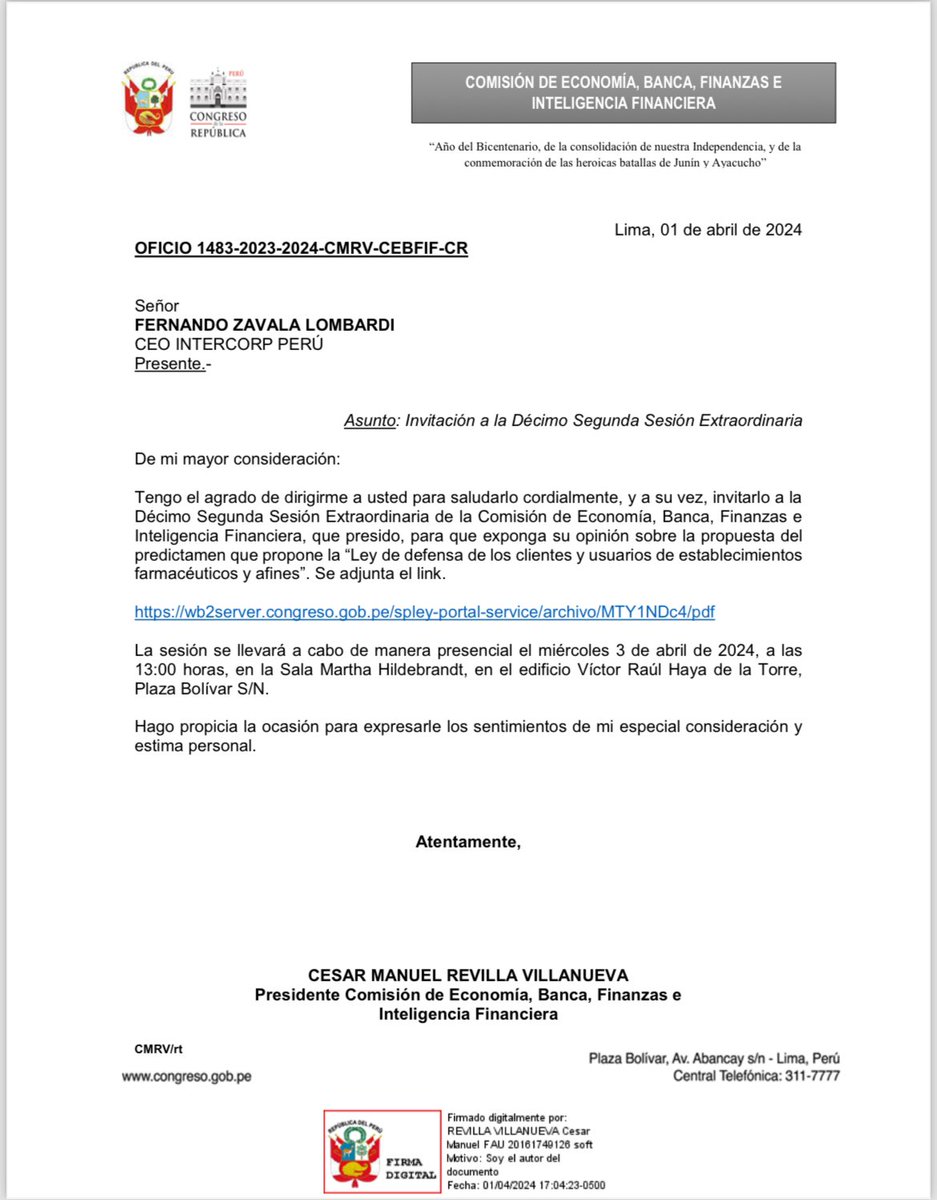 Hemos invitado mañana en la Comisión de Economía al Ministro de Salud, César Vásquez; al representante de Alafarpe, Sr. Diego Hovispo y al CEO del grupo Intercorp, Sr. Fernando Zavala para hablar sobre la “Ley de Defensa de los Usuarios de Establecimientos Farmacéuticos”.