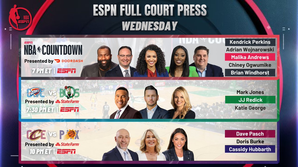 Wednesday, ESPN presents an #NBA doubleheader 🏀 7p ET | NBA Countdown 🏀 7:30p ET | #ThunderUp vs #DifferentHere 🎙 @MarkJonesESPN, @jj_redick, @Katie_George05 🏀 10p ET | #LetEmKnow vs #ComingInHot 🎙 @DavePasch, @heydb, @CassidyHubbarth