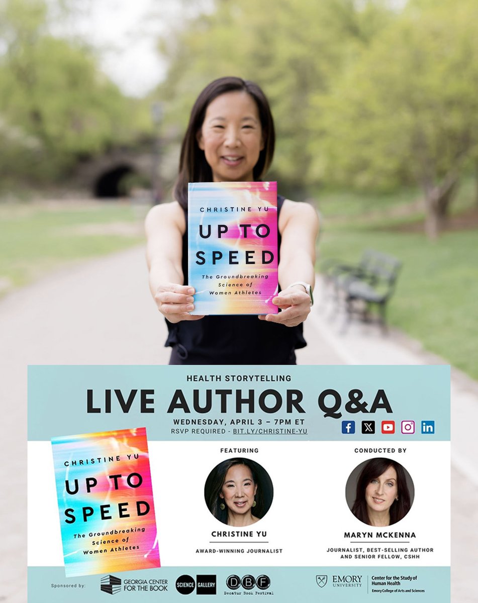 Tomorrow, Wed. 4/3, 7pm ET LIVE on X, YT, LinkedIn, IG✍️ Get 'Up To Speed' on the Groundbreaking #Science of #WomenAthletes on the #HealthStorytelling Author Q&A w/@MarynMck & award-winning journalist Christine Yu @CYU888 Sponsors @GaCntr4TheBook @scigalleryatl @DecaturBookFest