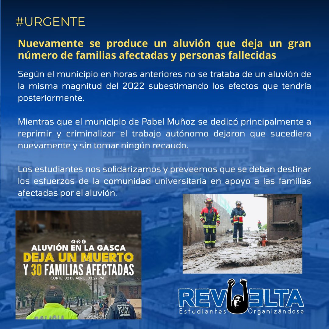 Los estudiantes nos solidarizamos con las familias afectadas por el aluvión. En las cercanías de la UCE sucede nuevamente éste hecho que el municipio de <a href="/pabelml/">Pabel Muñoz L.</a> ignoró y desligó total responsabilidad!
#aluvión
#UCE
#Quito