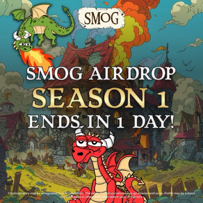 🚨Just 1 day left until the #SMOG Season 1 #Airdrop wraps up! ⏰🔥 The clock is ticking! Make sure you seize this opportunity! 🚀💸 Finish your $SMOG quests, and boost your XP! 🪂🎮 bit.ly/SmogAirdrop