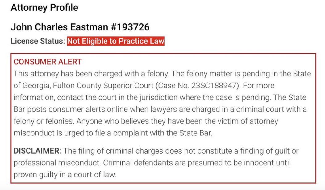 🚨John Eastman, a previous lawyer for Donald Trump, has been stripped of his legal license following a recommendation by a judge in California for his actions aimed at reversing the outcome of the 2020 election.