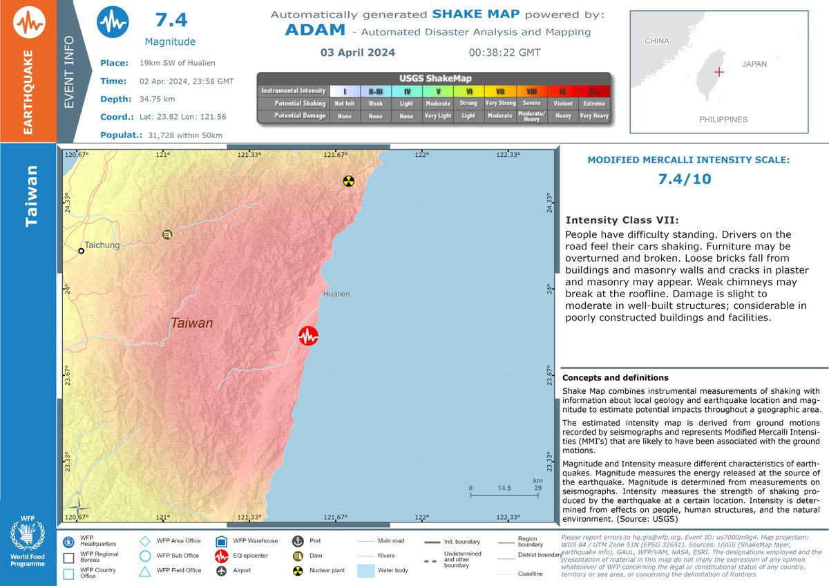 #Earthquake in #Taiwan - Early impact estimation. Modified Mercalli Intensity: 7.4/10 - Population Exposure Estim.: bit.ly/3vCJleG