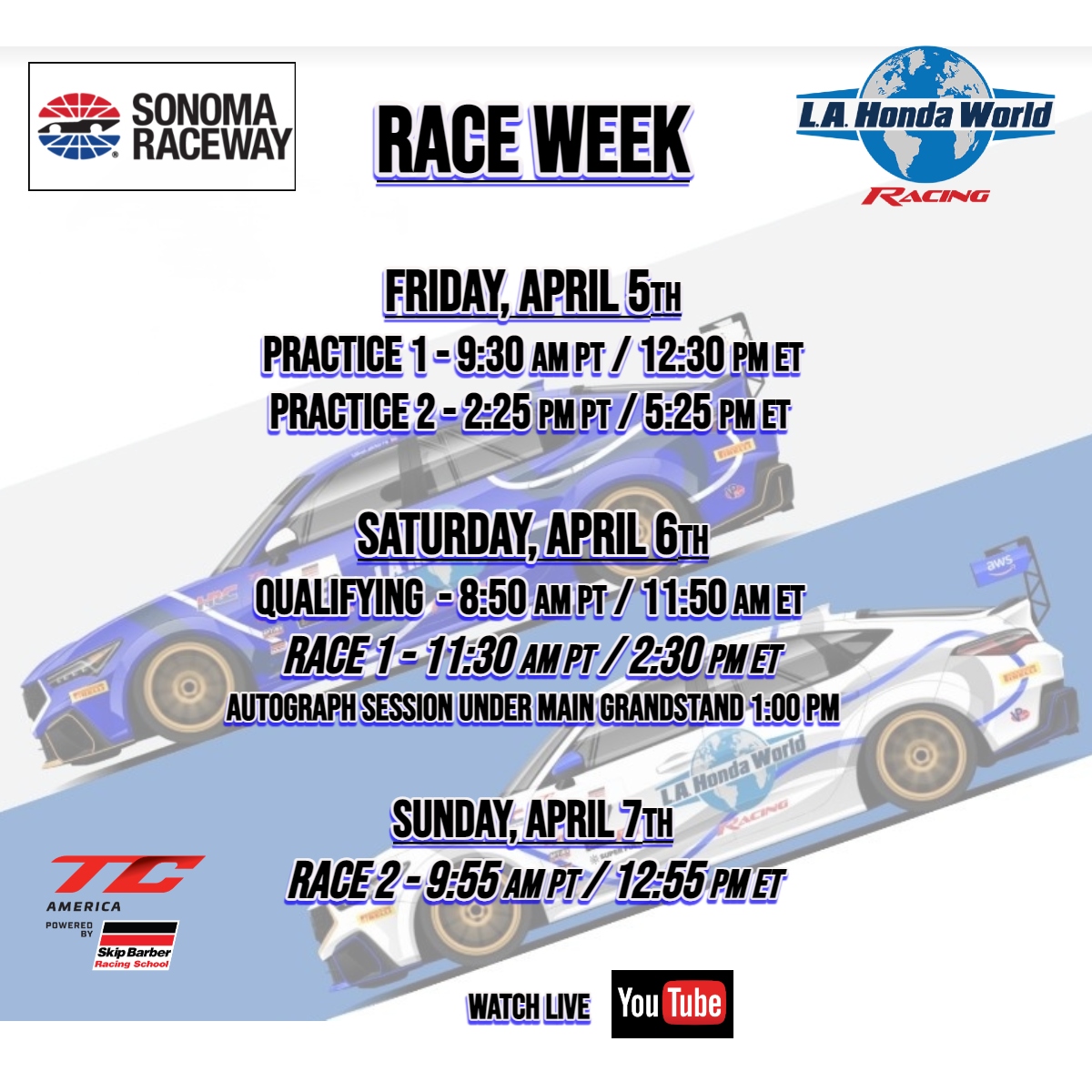 It's Race Week at Sonoma Raceway! 🏁 We're thrilled to announce our return to the track this year, ready to compete in the TCX category with two powerhouse drivers: Mario Biundo in the #7 Acura Integra Type S and Mike LaMarra in the #73 Acura Integra Type S! The excitement kicks…