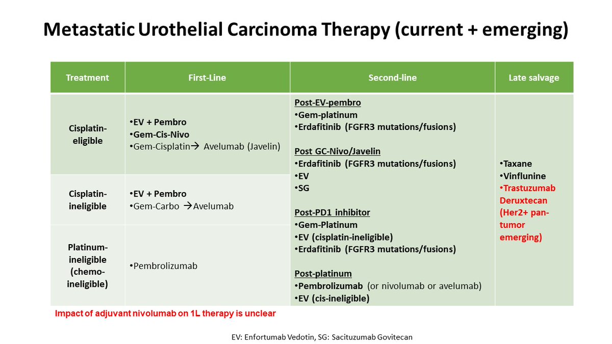 @JonAnker1 @TumorBoardTues @JohnEbbenMDPhD @MPishvaian @brian_rini @DrRanaMcKay @MattGalsky @PGrivasMDPhD @rafee_talukder @arkhaki @tompowles1 @shilpaonc @AmandaNizamMD @neerajaiims @AarmstrongDuke @adamkibel_uro @AOmlin @arnabguonc @arvinkgeorge @AzadOncology @CanesDavid @cdanicas @ciaraconduit @dmukherji @Ecastromarcos @EdwardSchaeffer @fazekasMD @jberchuck @MCliftonMD @Mohamedendourol @SarkiAbdulkadi1 @ScotNiglio @umangtalking @wandering_gu Choices for therapy of advanced #urothelialcarcinoma #bladdercancer are multiplying!