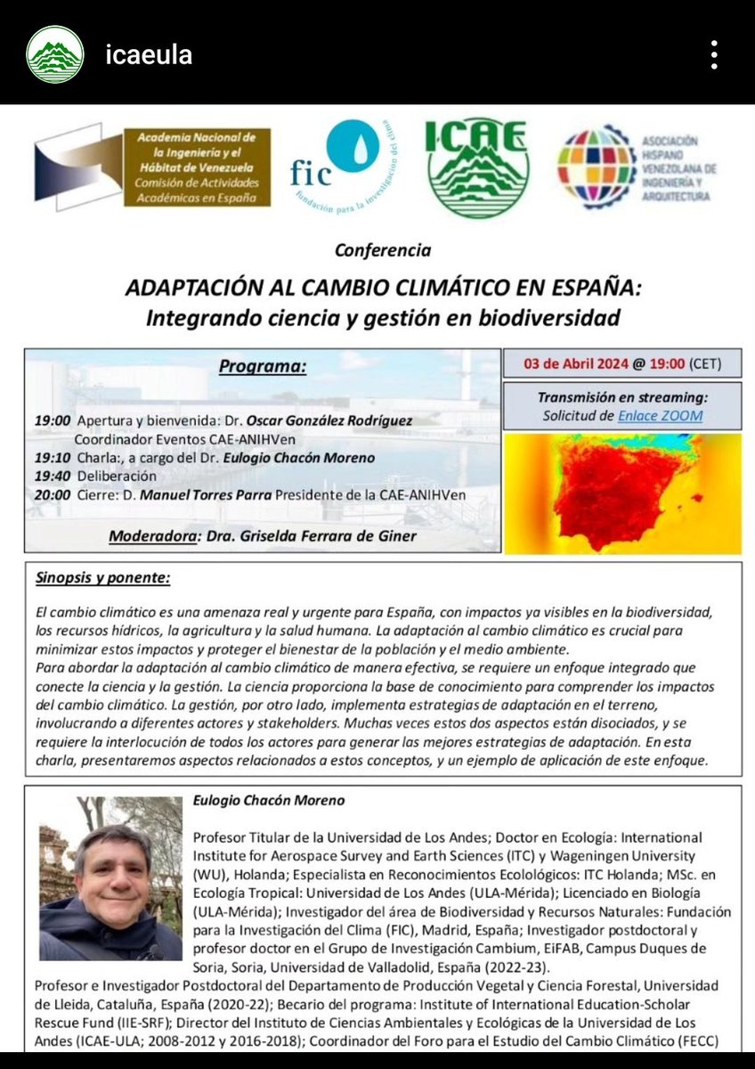 aveb_ve's tweet photo. Mañana 3 de abril, se estará efectuando una conferencia sobre la adaptación al cambio climático en #España dictada por el profesor Eulogio Chacón Moreno. Les dejamos una imagen con información. 

Si quieren inscribirse, les recomendamos que vayan al ig @IcaeUla y podrán conocer + https://t.co/ltY5urmuTe