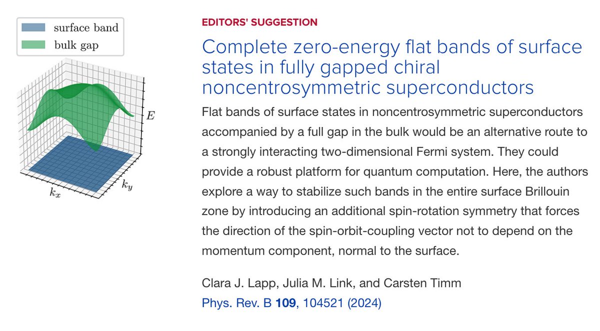 PhysRevB's tweet photo. PRB Editors' Suggestion: Complete zero-energy #FlatBands of surface states in fully gapped #chiral #noncentrosymmetric #superconductors

Clara J. Lapp, Julia M. Link, and Carsten Timm
Phys. Rev. B 109, 104521

➡️ https://t.co/OAZL5ffRGI
#EdSugg #physics #condmat @APSPhysics https://t.co/CuzWW45IJx