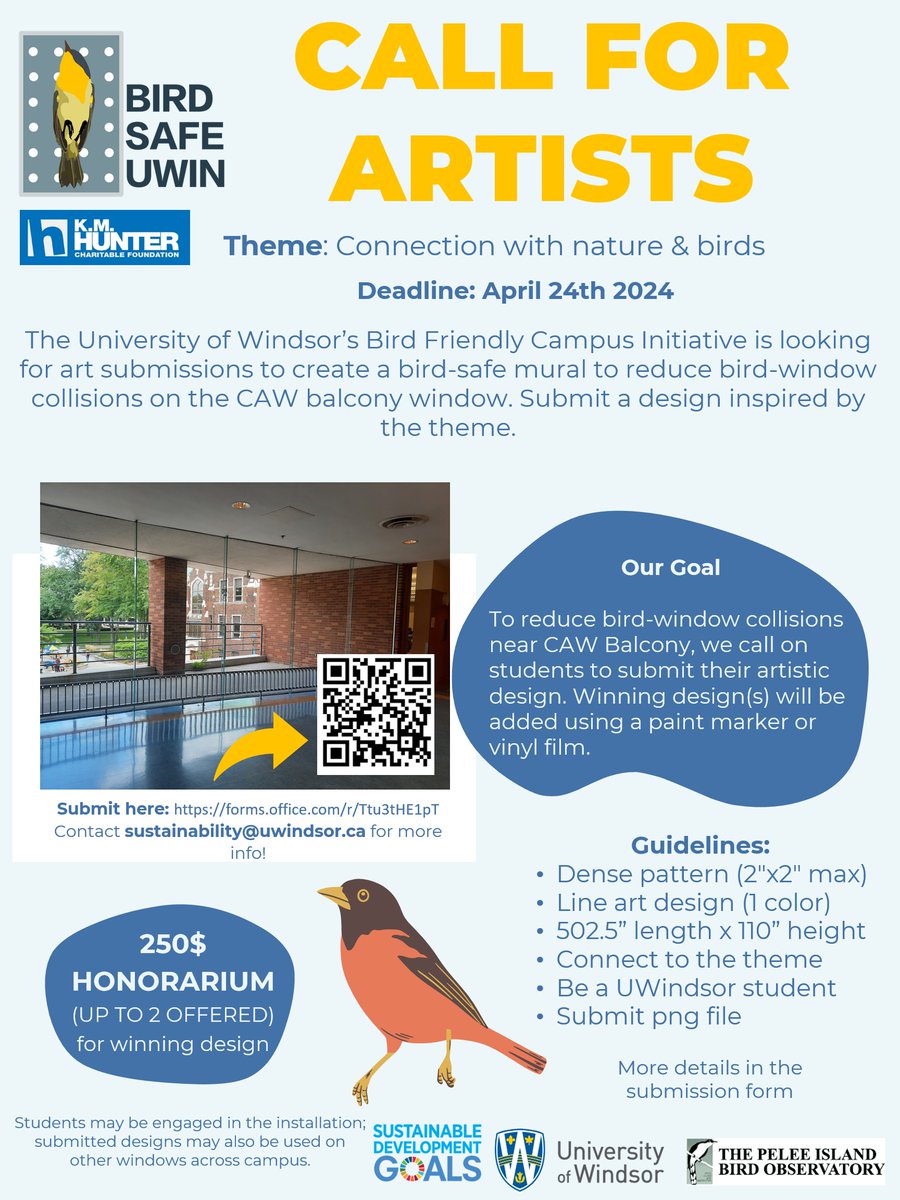 Bird-Safe UWin in collaboration with @PeleeIslandBird is looking for up to two @UWindsor students to submit bird-friendly artwork to make our campus more #birdsafe. Submit your design here: forms.office.com/r/Ttu3tHE1pT. #BirdSafeCampus