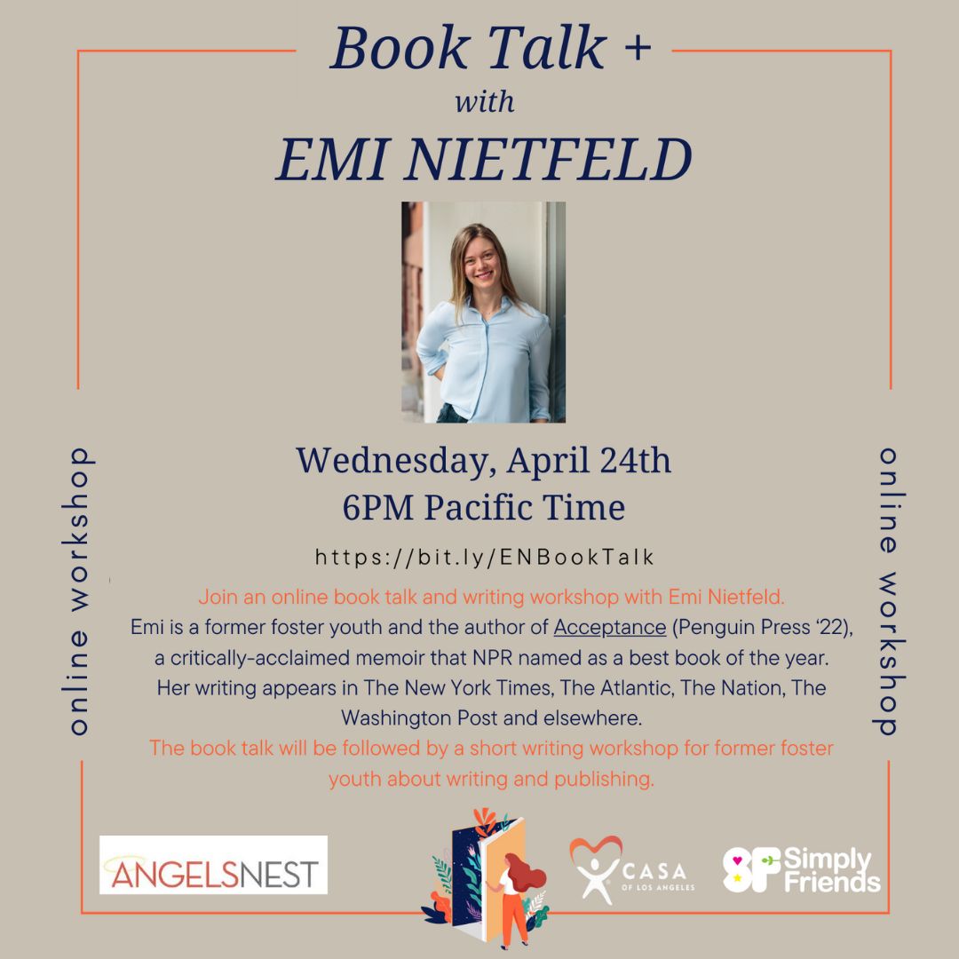 Join author & former #fosteryouth @eminietfeld for a #booktalk on 4/24 about her critically-acclaimed memoir, ACCEPTANCE. The talk will be followed by a #writingworkshop for youth in foster care. Register for this one-of-a-kind event here - buff.ly/4aE32lj
