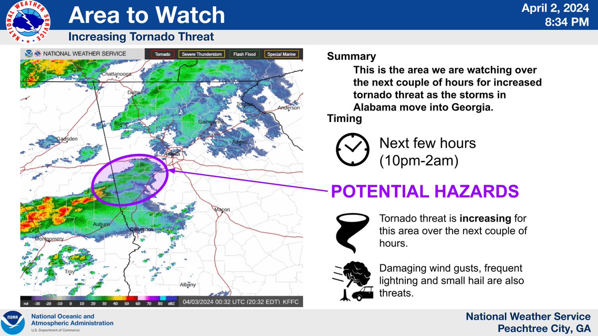 NWSAtlanta's tweet photo. [4/2 - 8:42 PM Update] This is our area we are watching over the next few hours for an increased tornado threat. Stay weather aware and ready to receive warnings! #gawx https://t.co/0PVs99Oay5