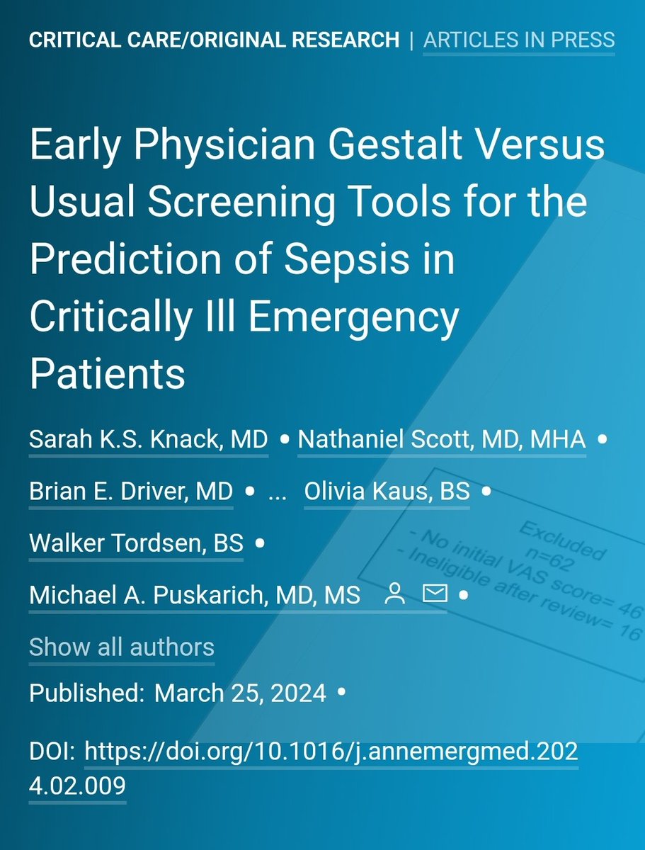 A study published this past month in @AnnalsofEM found that physician gestalt out performed standardized sepsis screening tools. This study adds to the piles of data showing that shutting off your brain and relying on a one-size-fits-all approach, and more importantly tying…
