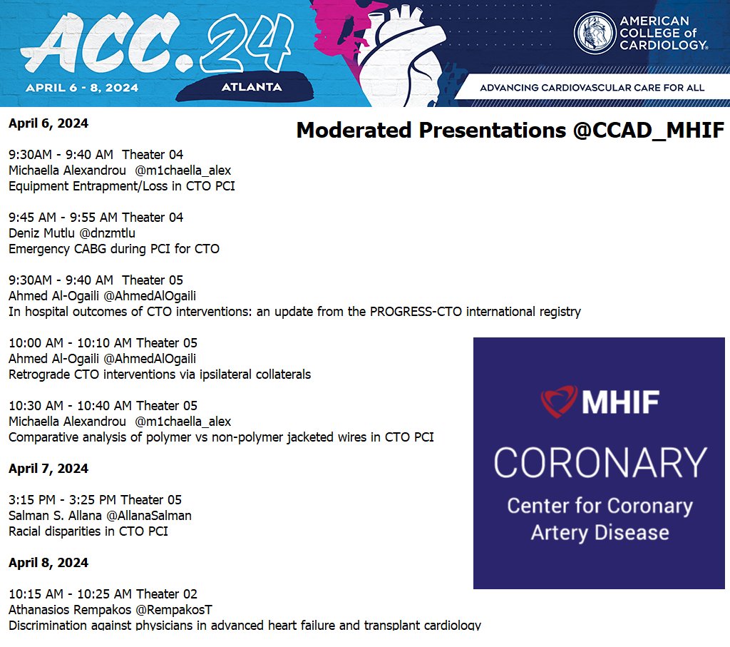Center for Coronary Artery Disease (@ccad_mhif) on Twitter photo Hi #CardioTwitter!
Are you attending #ACC24? <a href="/CCAD_MHIF/">Center for Coronary Artery Disease</a> will be there with 7 flatboard and 7 moderated presentations!
Do not hesitate to contact us if you want to learn more about the team. We can’t wait to see you all!
<a href="/esbrilakis/">Emmanouil Brilakis</a> <a href="/yadersandoval/">Yader Sandoval</a> <a href="/ACCinTouch/">American College of Cardiology</a> <a href="/MHIF_Heart/">Minneapolis Heart Institute Foundation</a> Hi #CardioTwitter!
Are you attending #ACC24? <a href="/CCAD_MHIF/">Center for Coronary Artery Disease</a> will be there with 7 flatboard and 7 moderated presentations!
Do not hesitate to contact us if you want to learn more about the team. We can’t wait to see you all!
<a href="/esbrilakis/">Emmanouil Brilakis</a> <a href="/yadersandoval/">Yader Sandoval</a> <a href="/ACCinTouch/">American College of Cardiology</a> <a href="/MHIF_Heart/">Minneapolis Heart Institute Foundation</a>