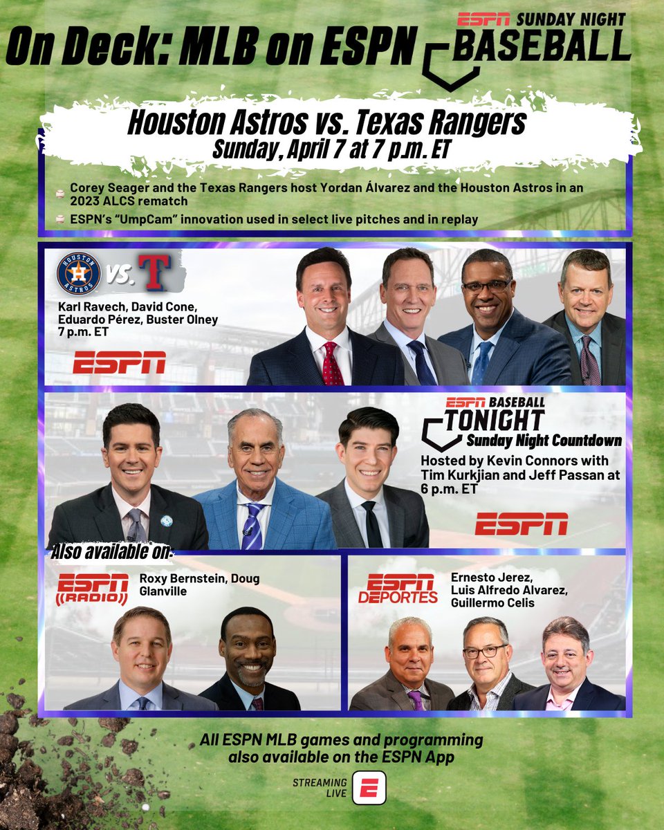 This weekend, #SundayNightBaseball showcases a 2023 ALCS rematch ⚾️ Sunday | 7p ET | #Astros vs #Rangers 🎙 @karlravechespn, @dcone36, @PerezEd, @Buster_ESPN