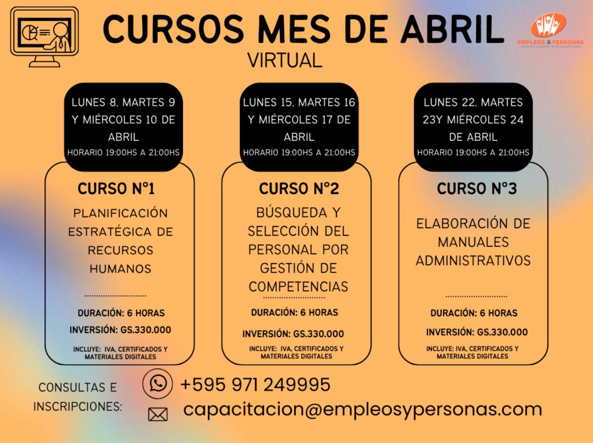 Cursos mes de abril Inscribite 0971249995 capacitacion@empleosypersonas.com #cursos #rrhh #HumanResources #Virtual #aprendizaje #estrategia #Capacitación #organization