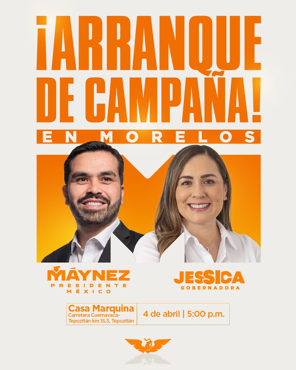 El México Nuevo y un Morelos Nuevo es posible. 🇲🇽
Acompáñanos este jueves junto al próximo Presidente de México, <a href="/AlvarezMaynez/">Jorge Álvarez Máynez</a>. 🍊
¡Te esperamos! 🧡