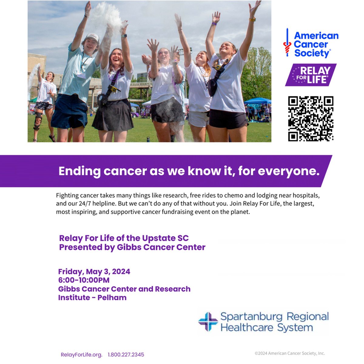 ¡𝗨́𝗻𝗲𝘁𝗲 𝘆 𝗮𝗽𝗼𝘆𝗮 𝗮 𝗥𝗲𝗹𝗮𝘆 𝗳𝗼𝗿 𝗟𝗶𝗳𝗲! Este 3 de mayo, en Gibbs Cancer Center and Research.

📌𝗔𝗰𝗰𝗲𝗱𝗲 𝗮 𝗺𝗮́𝘀 𝗶𝗻𝗳𝗼𝗿𝗺𝗮𝗰𝗶𝗼́𝗻: tinyurl.com/26njbssl - RelayForLife.org

@upstate_acs
@americancancersociety