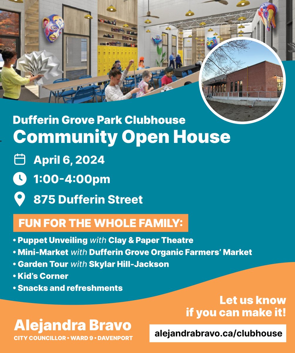 Join us to celebrate the new Dufferin Grove Park Clubhouse at our community open house on Saturday from 1-4PM! Our friends at @clayandpaper, Dufferin Grove Organic Farmers' Market and Skylar Hill-Jackson are also joining in for the fun. ➡️ RSVP: alejandrabravo.ca/clubhouse