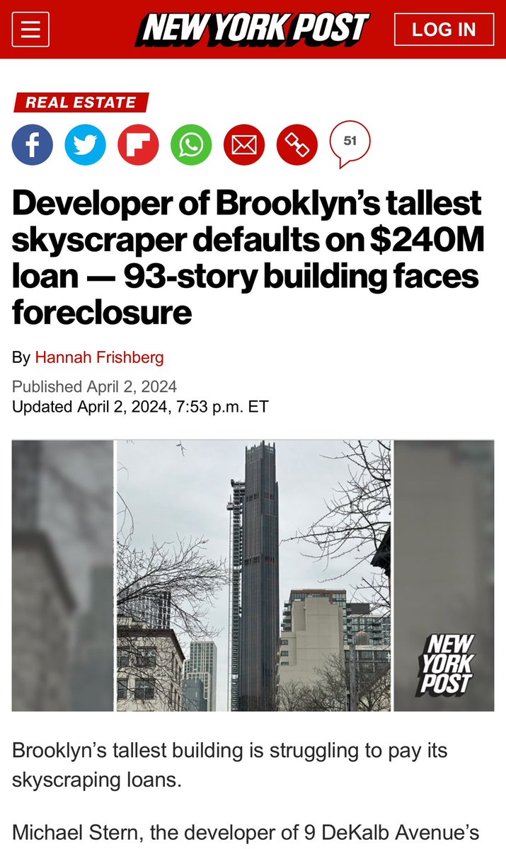 Now in the @nypost Good to have more eyes on the U.S. Commercial Real Estate Exposure 'Brooklyn’s tallest building is struggling to pay its skyscraping loans.  Michael Stern, the developer of 9 DeKalb Avenue’s 93-story The Brooklyn Tower, has defaulted on a $240 million…