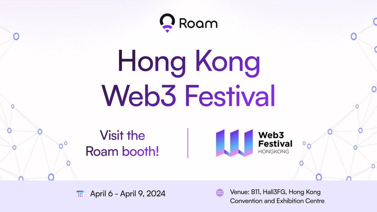 Hong Kong Web3 Festival, here we come! 💫 Roam is proud to announce that we'll be a gold sponsor at the Hong Kong Web3 Festival 2024! 📍Booth: B11 🌐 Venue: Hall3FG, Hong Kong Convention and Exhibition Centre 📅 Time: April 6 - April 9, 2024 🚀 Come together for an…