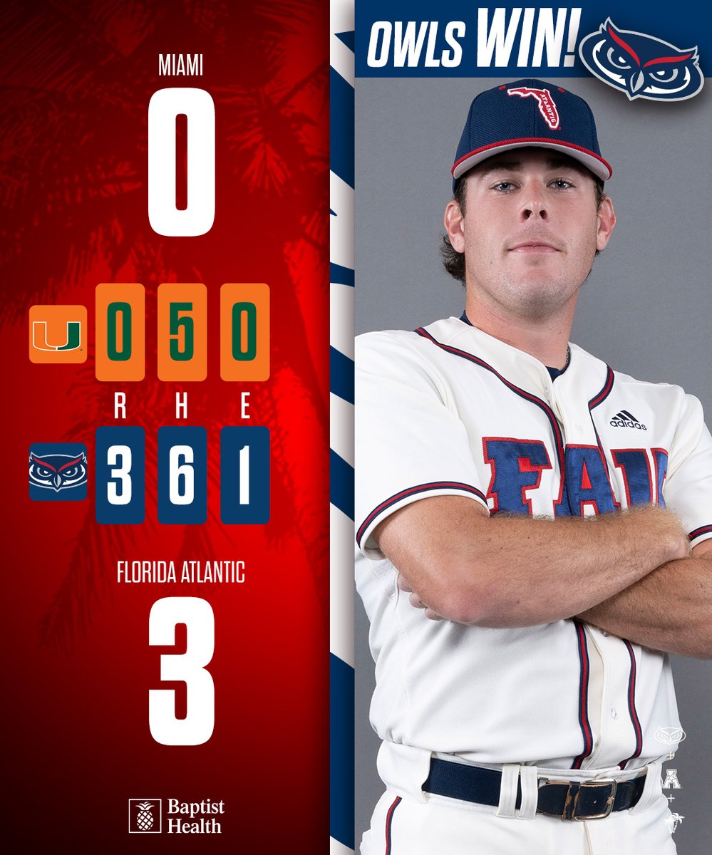 Led by five shutout innings from Brandon Smith the Owls take the first two in the season series against Miami! #WinningInParadise