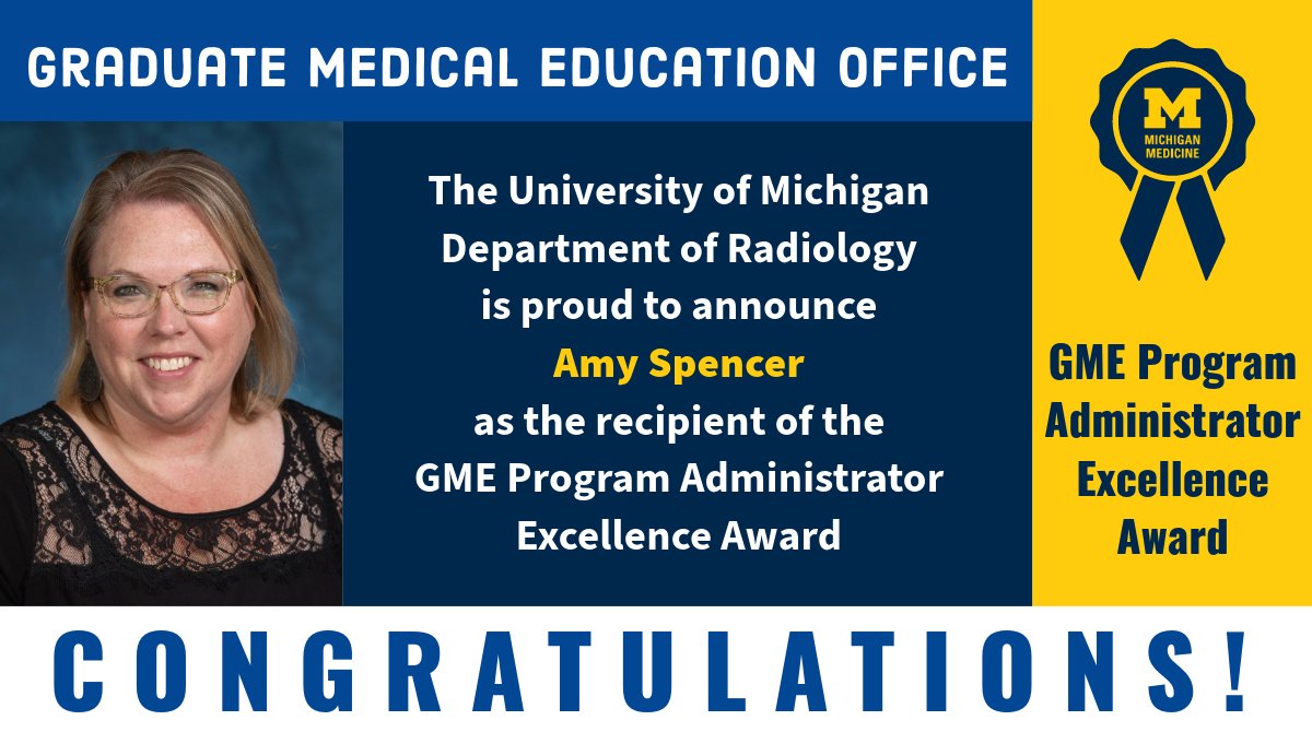 We are delighted to announce our @UMichRadiology Program Administrator, Amy Spencer @spence2007, has won the institution wide GME Program Administrator Excellence Award. medicine.umich.edu/dept/radiology…… pic.twitter.com/yy1nt9H4jl