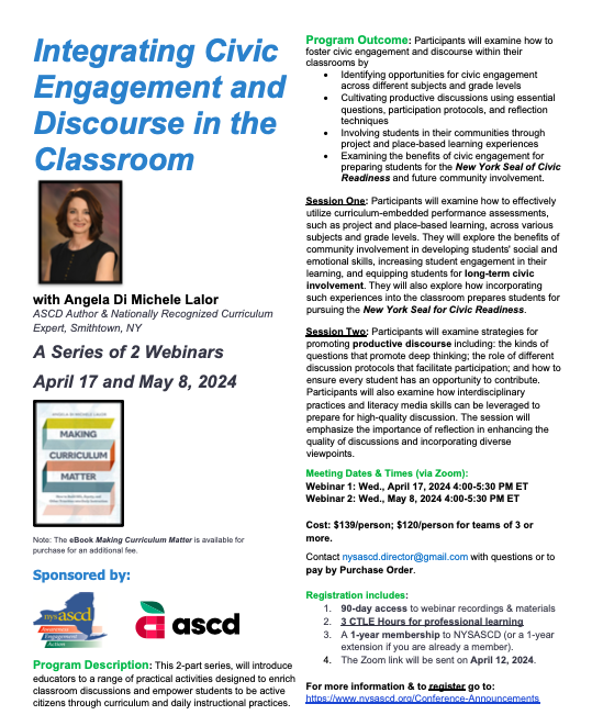 Learn classroom practices to enrich discussions & support civic engagement w/ @ADiLalor & 
@NYSASCD .  'Integrating Civic Engagement & Discourse in the Classroom' starts 4/17. More info at:  nysascd.org/Conference-Ann…
Contact us for discounts for teams to attend.