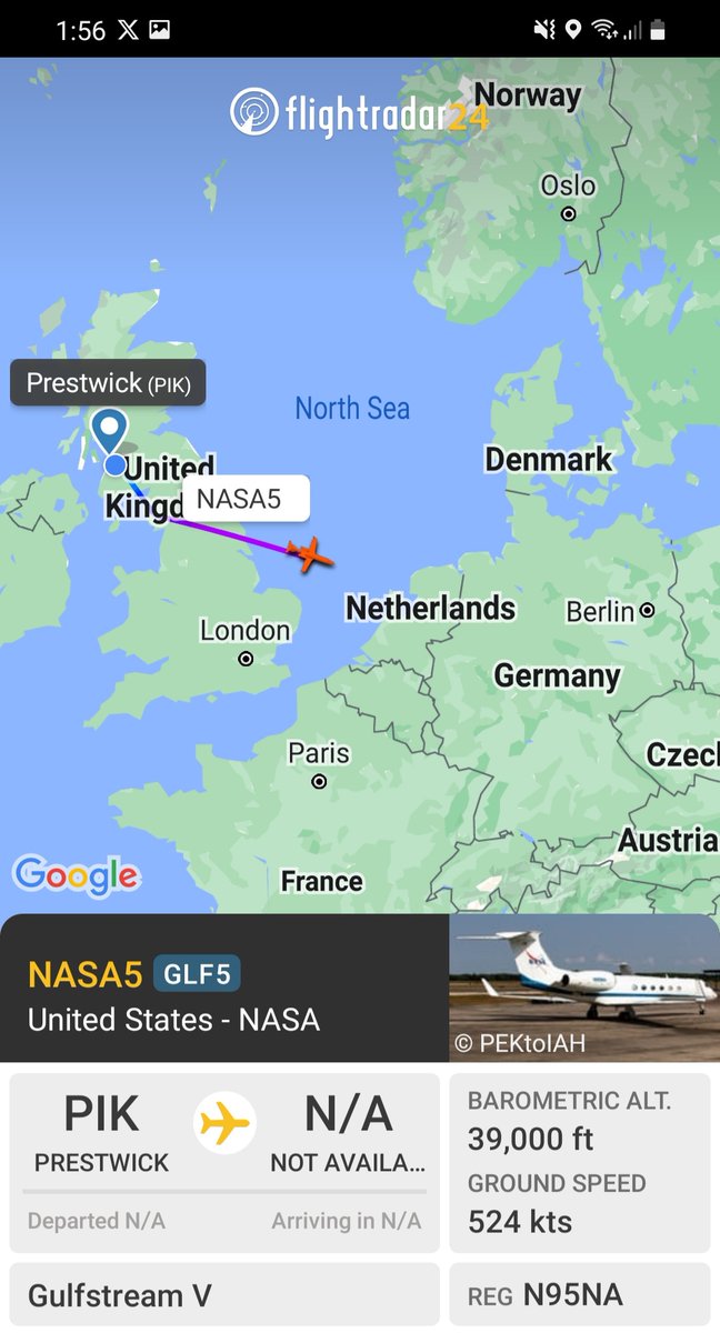 BloodyPolitics's tweet photo. I was hoping to catch NASA Gulfstream #NASA5 #N95NA departing Prestwick but it's already left. No overnight stopping. 😥 
Thanks @TheSnoopySnoop for a moment of excitement on an otherwise dull day. 🚀✈

#houston #wehaveaproblem
#avgeek #planespotting 
https://t.co/PESEMkYH0P https://t.co/3WVbREzfeB