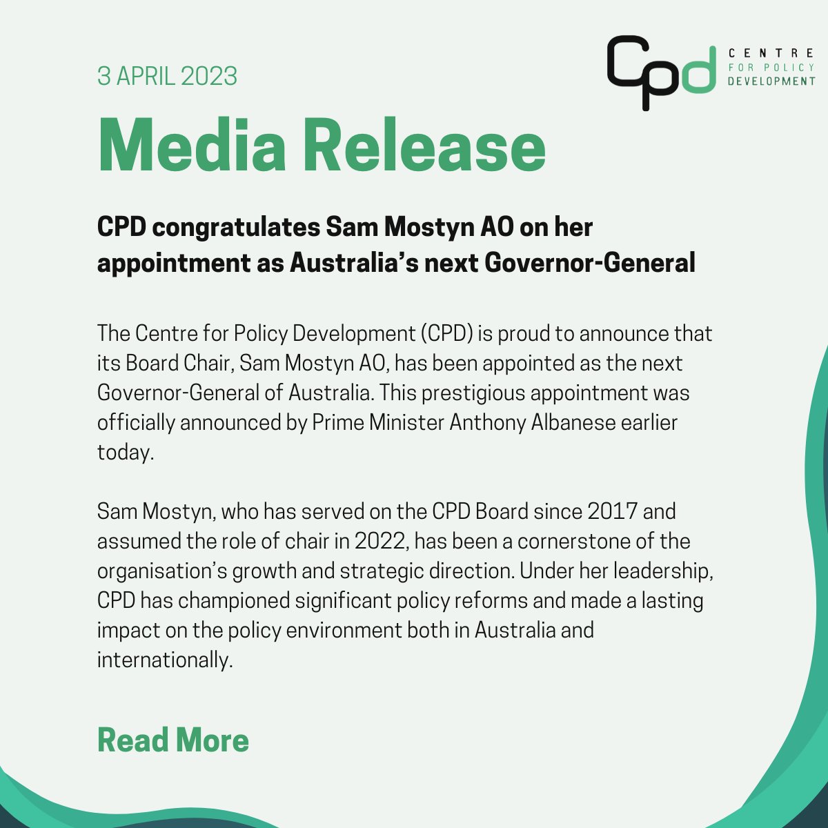 CPD extends its heartfelt congratulations to Board Chair Sam Mostyn in her appointment as the next Governor-General of Australia. Her vast experience in business, climate, equality and more has been invaluable and will now benefit the entire nation. cpd.org.au/cpd-congratula…