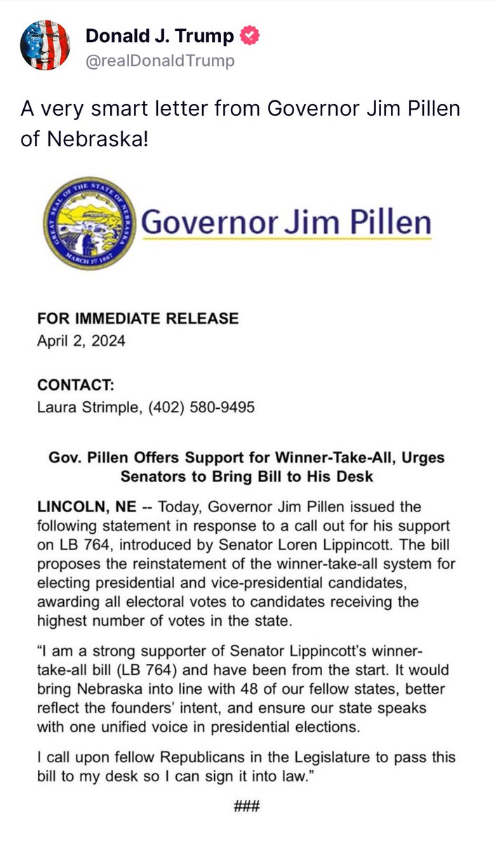 🚨BREAKING: President Trump gets behind changing Nebraska's electoral vote rules to a winner-take-all state. Time for the legislature to act!