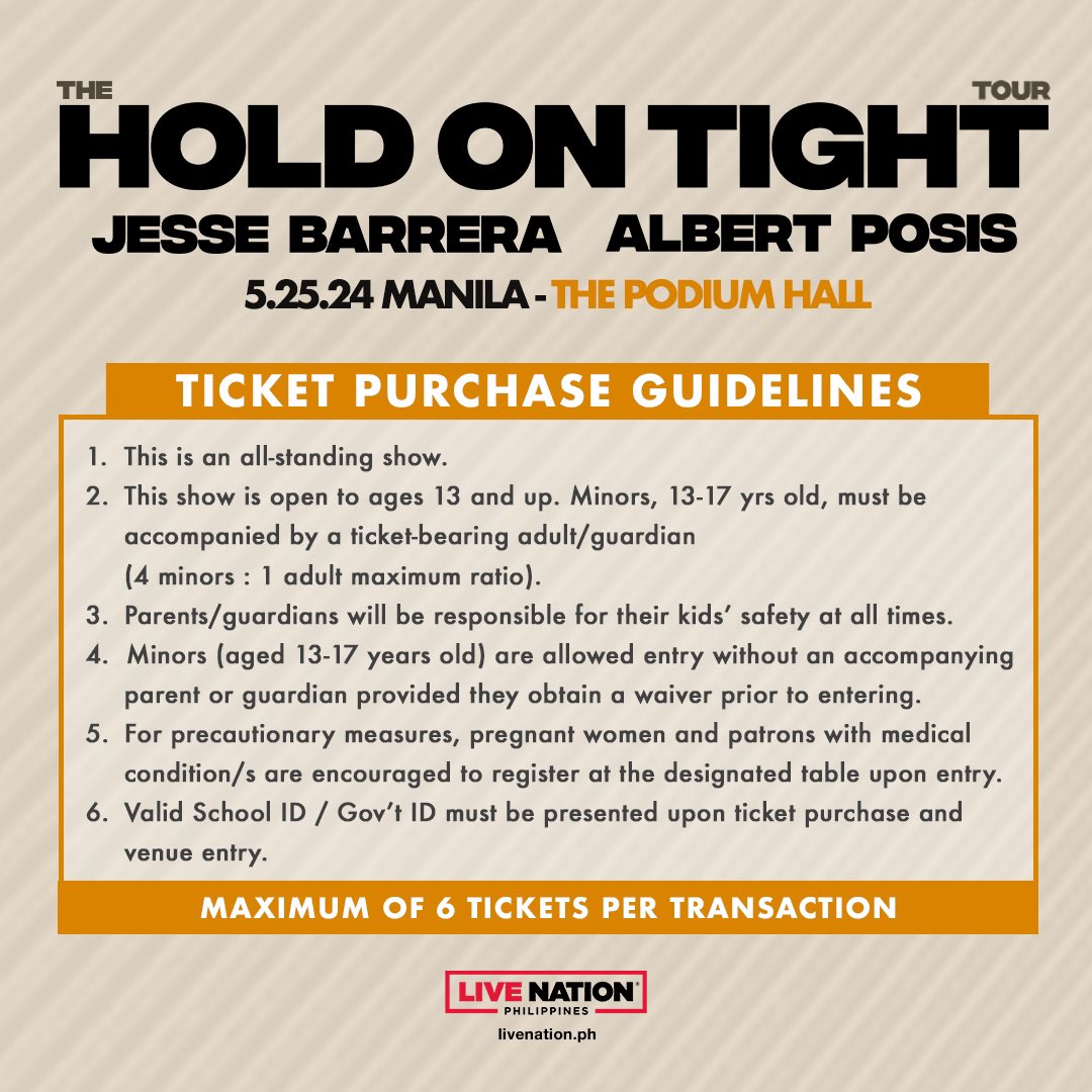 Heads up, JESSE BARRERA + ALBERT POSIS fans! VIP Experience will be available today, 12pm at smtickets.com and SM Tickets outlets! Jesse Barrera + Albert Posis: The Hold On Tight Tour 📆May 25, 2024 📍The Podium Hall Visit livenation.ph for more info.…