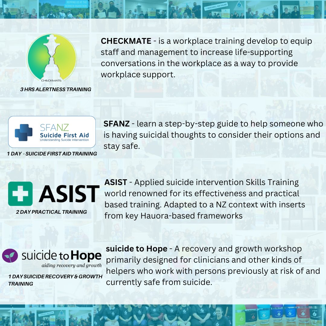 AOKNZTraining's tweet photo. Check out some of our comprehensive suicide prevention workshops &amp; trainings! Swipe for details on the upcoming public sessions. In-house training tailored for your organisation also available. https://t.co/T74xfQXetS