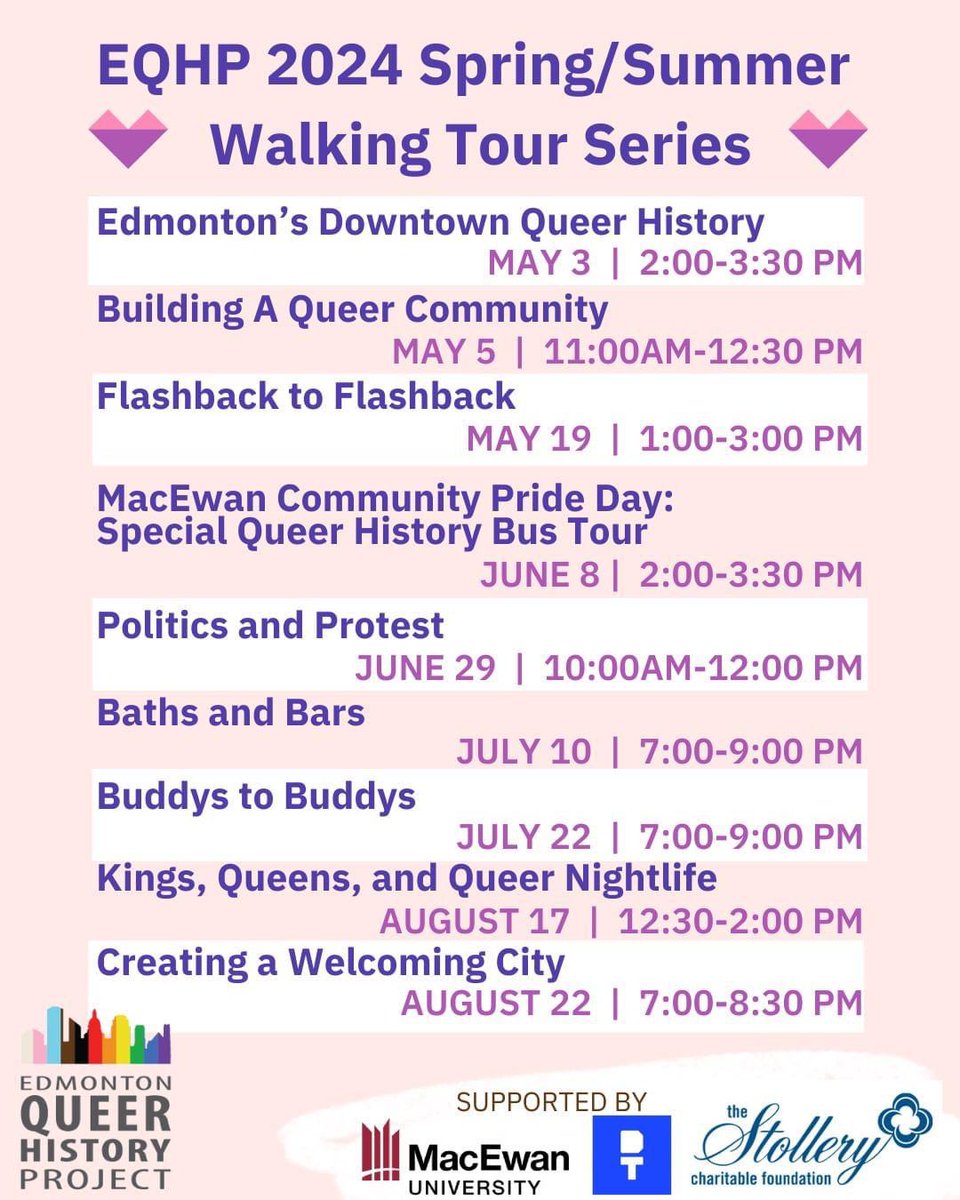 We are excited to announce our 2024 Spring/Summer Walking Tour Series! 

Head to edmontonqueerhistoryproject.ca/news-events to learn more about each tour, see who is guiding the walk, and reserve your FREE tickets!
#yeg #yegdt #yegpride