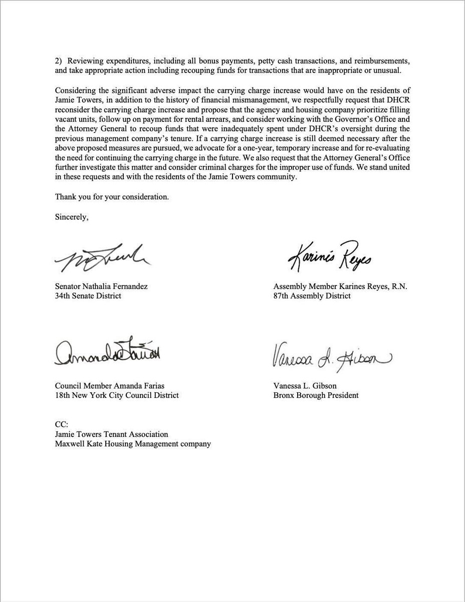 Today I sent a letter to DHCR with my colleagues in government, @bronxbp, @senfernandez34, and @karinesreyes87, expressing our opposition to the proposed carrying charge increase for Jamie Towers and calling for more accountability and transparency on behalf of all the residents.