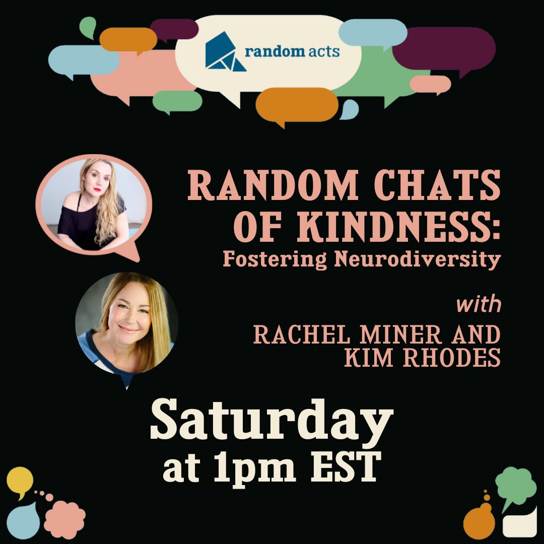 Mark your calendars! 📆 This Saturday, April 6th at 1pm EST, is our next #RandomChatsOfKindness event! If you're interested in Fostering Neurodiversity, this is the place to be. Sign up at this link: bit.ly/3VCdOo1 @kimrhodes4real and @RachelMiner1 will see you there!