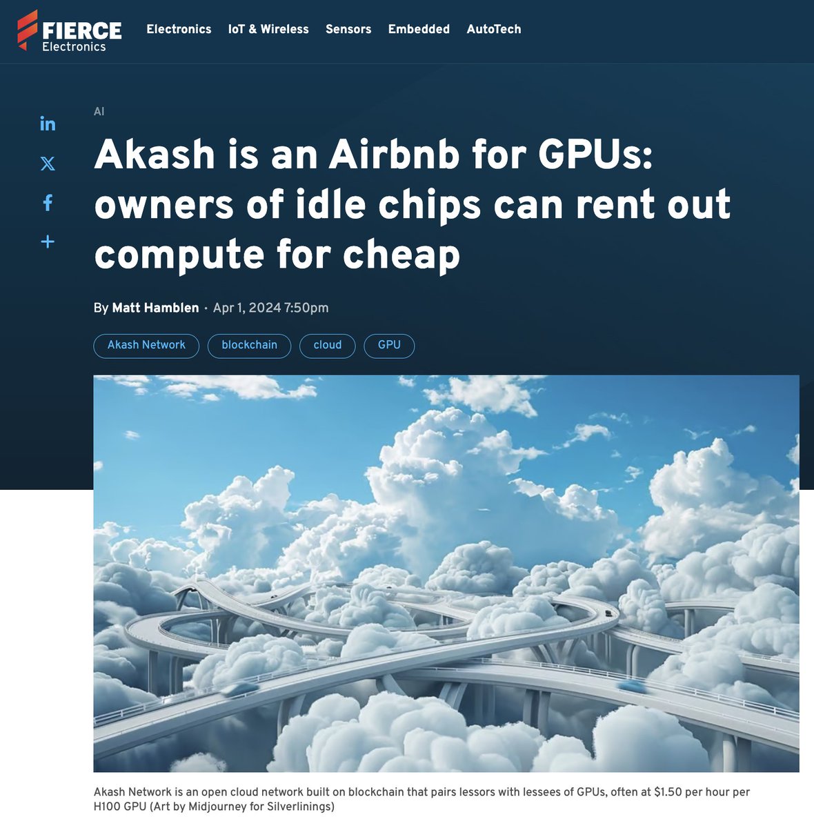 Akash was featured in Fierce Electronics, covering the latest GPU prices —  especially NVIDIA H100s as low as $1.50/hr — and much more. Read the full  story: https://t.co/sjDIAmIjhu