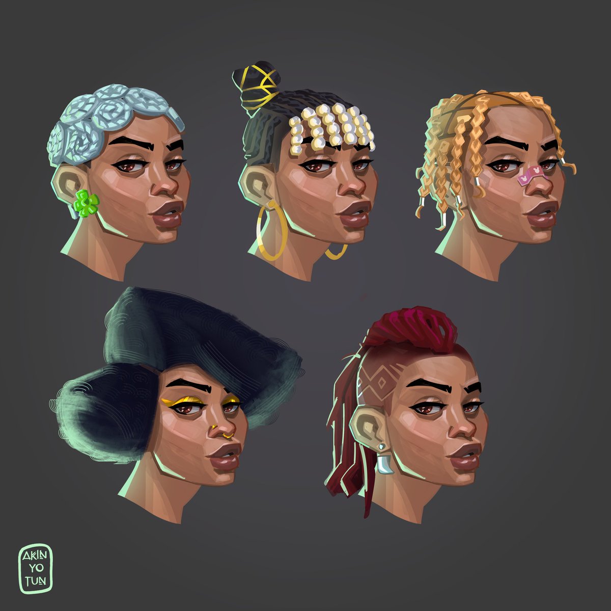 Hairstyle exploration on yesterday's study. Thanks to @tanalieku's YouTube tutorials that helped me navigate painting without lineart. Used only @Sukeart 's olive brush for everything, except the afro hair down left.