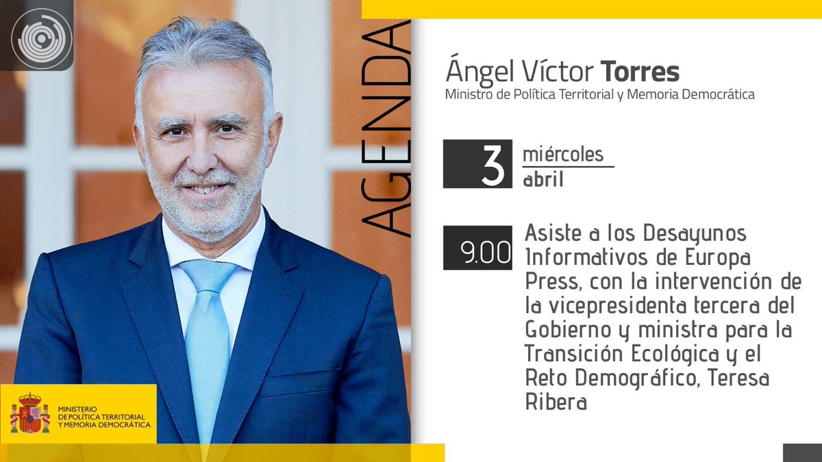 🗓️AGENDA. El ministro de Política Territorial y Memoria Democrática, @avtorresp, asiste a los Desayunos Informativos de Europa Press, con la intervención de la vicepresidenta tercera del Gobierno y ministra para la Transición Ecológica y el Reto Demográfico