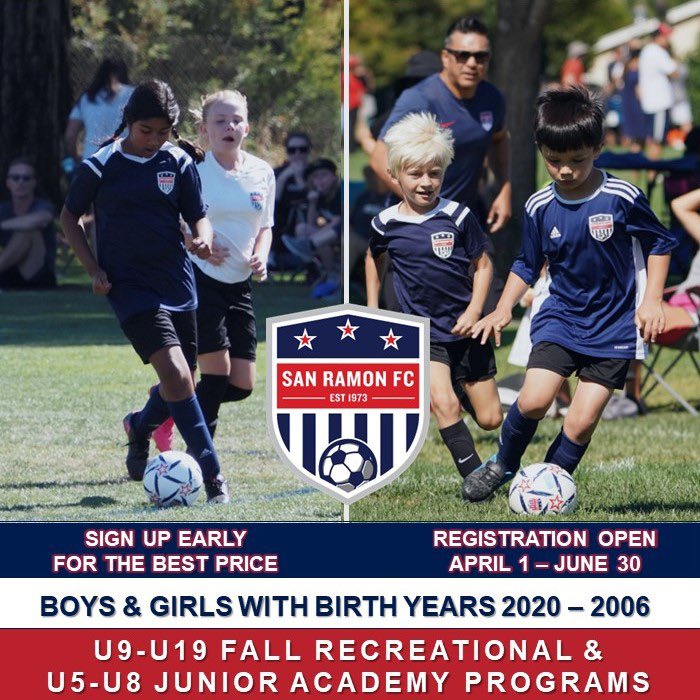 ⚽️ Registration Now Open •U5-U8 Fall Jr Academy •U9-U19 Recreational Save $ and get the lowest price on these programs when you sign up by April 15. For boys/girls w/ birth years 2020-2006. ℹ️ sanramonfc.com/recreational #sanramonfc #soccer #youthsoccer #sanramonca