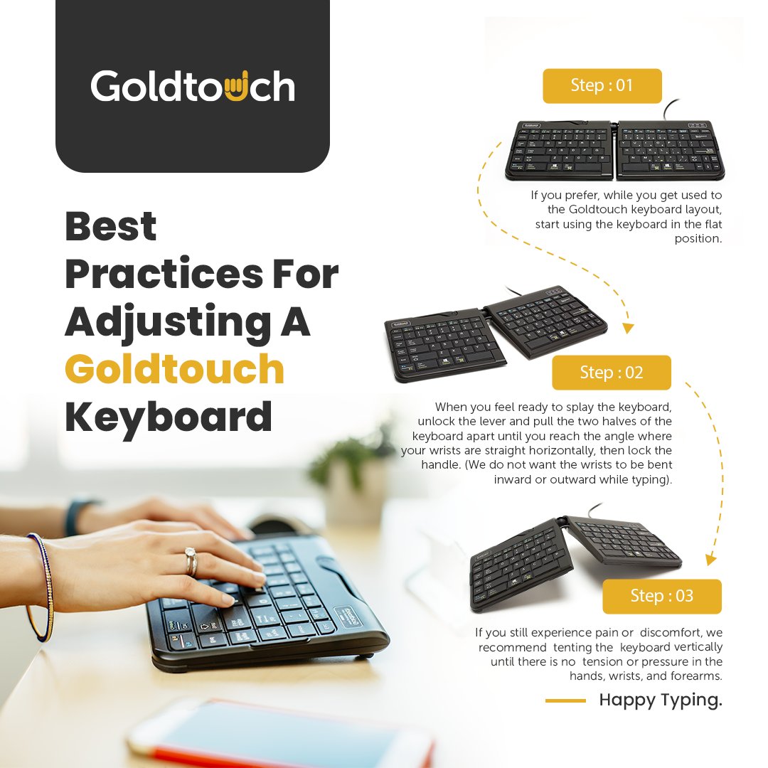 Goldtouch's tweet photo. We recommend adjusting your Goldtouch keyboard in phases. Follow the steps below to adjust your keyboard seamlessly. 

Explore the Goldtouch ergonomic keyboard collection here: https://t.co/9m7HiuB3aj

Happy Typing!

#ergonomic #keyboard #carpaltunnelsyndrome #productivity https://t.co/sJxepxsojB